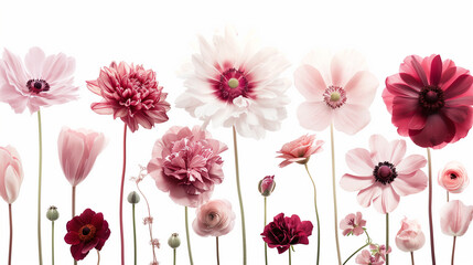  variety of flowers in different stages of bloom. They exhibit a range of pink and red hues against a white background
