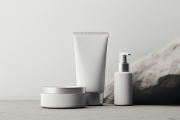 Cosmetics pump white bottle mockup, different containers product on grey background with stone decoration. Eco nature packages.