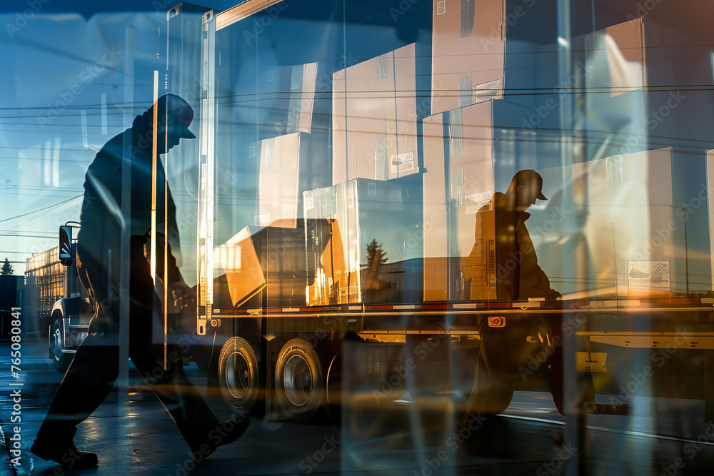 Poster an abstract image of movers unloading boxes from a container truck at night