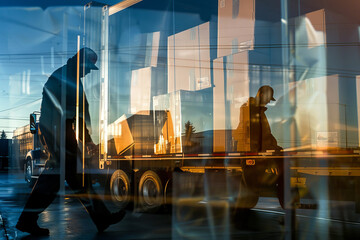 An abstract image of movers unloading boxes from a container truck at night