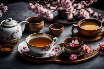 Obraz na płótnie Canvas Cups of brewed tea, teapot and sakura flowers