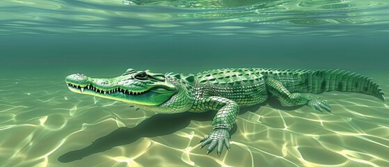  3D image of a crocodile swimming in water with its head above water's surface to its right - obrazy, fototapety, plakaty