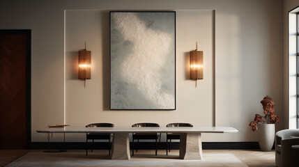 A single oversized frame creating a statement piece on a textured plaster wall, with a modernist painting taking center stage, complemented by track lighting.