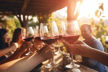 Group of friends gathering for wine tasting in countryside vineyard in summer harvesting season cheering and toasting with friendship comeliness - obrazy, fototapety, plakaty