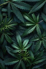 Fototapeta na wymiar Leaves of marijuana on a dark background. Obsidian elegance: dark marijuana leaves
