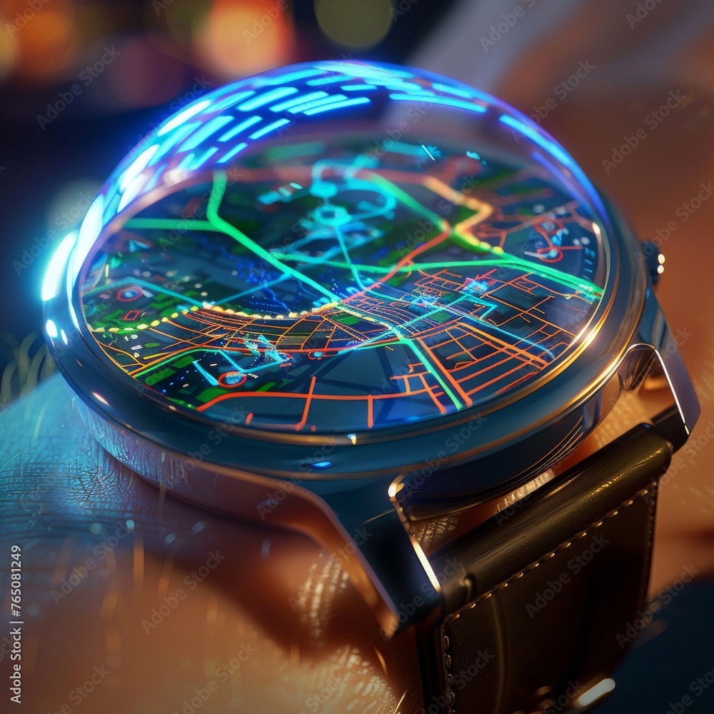 Poster a close-up of a futuristic wristwatch with a high-definition city map design illuminated with vibran