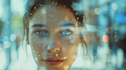 Woman having her face scanned by a facial recognition camera at a job fair entrance for candidate registration