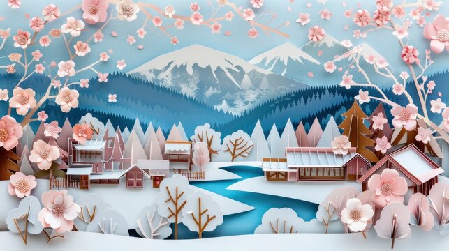 Blossoming Beauty. A Paper Art Spring Village Cherry Blossoms