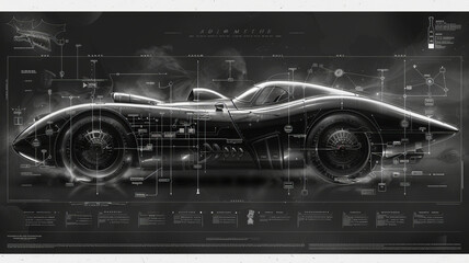 a detailed engineering blueprint of the 1970 batmobile,generative ai - obrazy, fototapety, plakaty