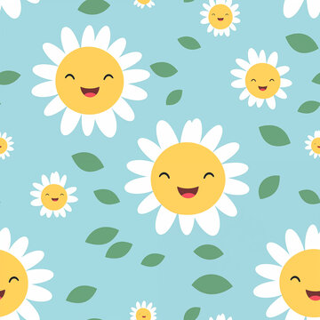 seamless pattern with flowers, laughing daisies on a blue background
