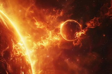 Solar Flare Sonata Dramatic Solar Flare Impact on a Planetary Atmosphere, Digital Space Art - obrazy, fototapety, plakaty