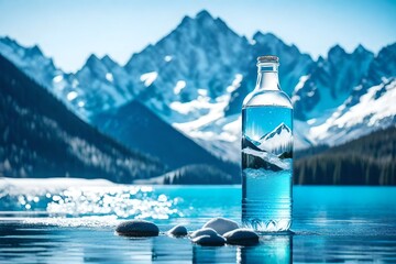 Bottle of crystal water against blurred nature snow mountain landscape