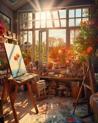 sun-drenched artist's studio, where the chaos of creativity is beautifully organized into a tapestry of colors and textures