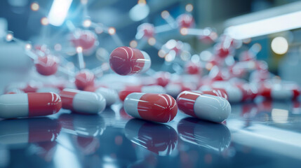 3D rendering of bi-colored capsules in a futuristic pharmaceutical research concept.