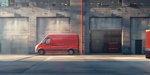 Delivery van in empty warehouse. 3d illustration rad home delivery online shopping concept. - obrazy, fototapety, plakaty