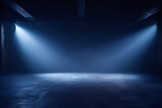 Empty underground dark side lit parking lot with space for product, text or inscriptions. Empty garage space underground
