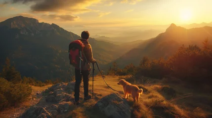 Outdoor-Kissen A hiker, a young man and his dog, hiking in beautiful rocky European Alps mountain landscape with a trekking backpack. A man hiking in the sunrise time. © Natalia Schuchardt