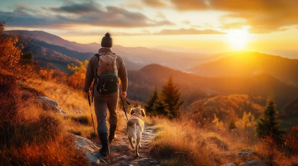 Fototapeten A hiker, a young man and his dog, hiking in beautiful rocky European Alps mountain landscape with a trekking backpack. A man hiking in the sunrise time. © Natalia Schuchardt