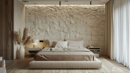Minimalist bedroom with a textured accent wall and hidden storage compartments in the bed base
