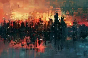 Urban Dreamscape Surreal City Skyline at Twilight - Digital Art Illustration with Abstract Elements