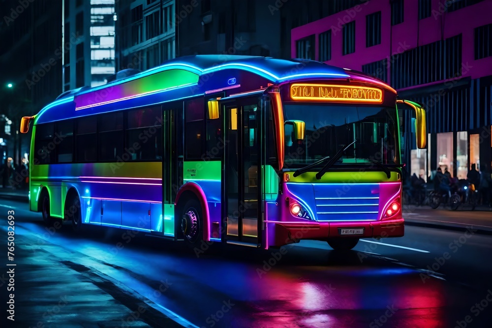 Wall mural colorful neon bus on the street with colorful light - Wall murals
