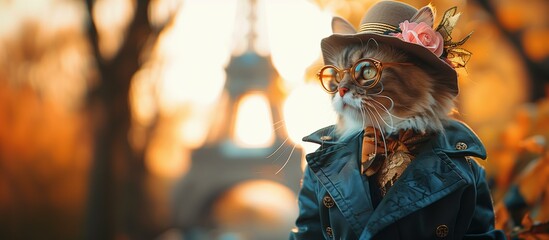 Elegantly dressed kitten modeling on the streets of Paris - obrazy, fototapety, plakaty