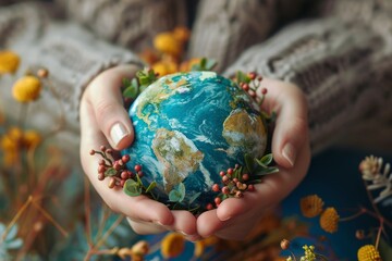 A person is holding a small globe in their hands, showcasing the planet Earth, displaying care and attention to the world within their grasp. Earth day
