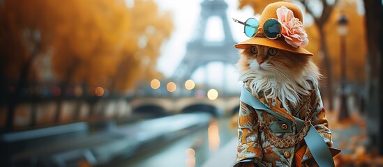 Naklejka premium Elegantly dressed kitten modeling on the streets of Paris