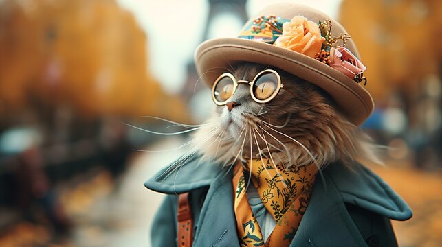 Elegantly dressed kitten modeling on the streets of Paris