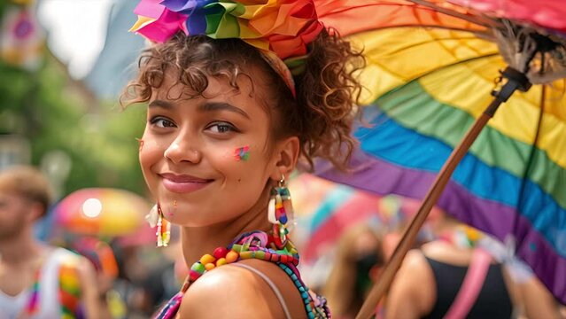 African American young woman with colorful face paint and jewelry holding a rainbow colored umbrella at a lgbtq pride event