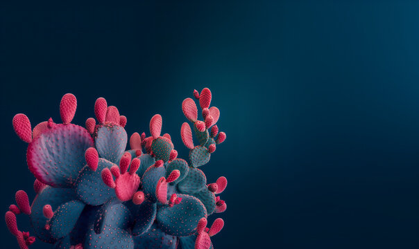 green and pink cactus on blue background, copy space