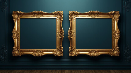Elegant golden baroque frame on a deep blue velvet wall, rich textures giving a sense of luxury,...