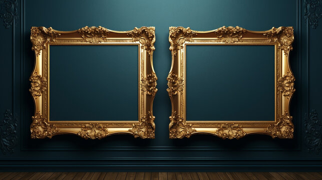 Elegant golden baroque frame on a deep blue velvet wall, rich textures giving a sense of luxury, ideal for classical paintings.