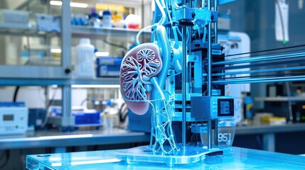 Revolutionary 3D printer creates kidney organ for medical transplants using advanced technology in a laboratory, blue lighting