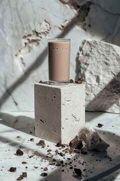 a very high photoshoot of a protein chocolate smoothie, white marble and stone podiums, calid light leaks