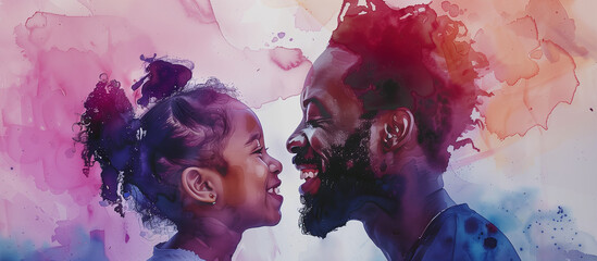 Black father & daughter Father's Day illustration African American family watercolor portrait. Black History day. Generative AI Illustration. Candid close-up dad and child - obrazy, fototapety, plakaty