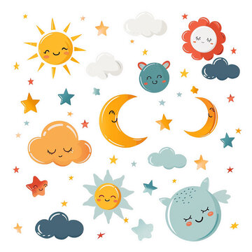 Set of clouds, sun, stars and moon isolated on white background. Set of bright stickers.
Design for children's room, dishes, textiles, cards.