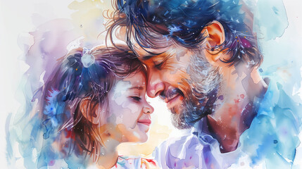 Candid Father's Day concept watercolour illustration artwork of father & daughter embracing. Artistic abstract painting of dad and child. Strong father-daughter relationship bond. Copy space for text