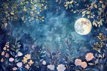 Secret Garden at Moonlight - Watercolor Illustration of Enchanted Nighttime Floral Scene