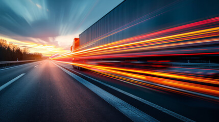 Fototapeta na wymiar Long exposure shot of a speeding delivery truck on a highway at sunrise, illustrating motion.