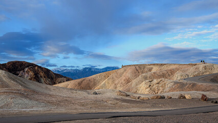 Entrance to Zabriskie Point in Death Valley with colorful sediment formations	

