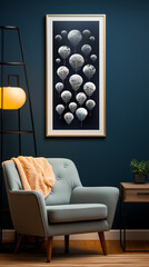 Frame series in a vertical stack, white borders on a navy blue wall, each frame capturing a different phase of the moon.