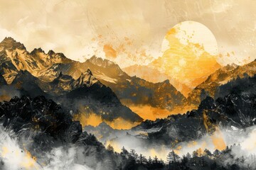 Serene landscape with traditional Chinese ink painting style, featuring mountains and golden textures - Asian-inspired digital art