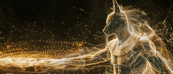 A dynamic wireframe depiction of Anubis engaged in a ceremonial dance, with each line pulsating to the rhythm of ancient drums, set in a virtual temple, bringing the ritualistic aspect of his deity to - obrazy, fototapety, plakaty