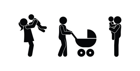 parents and children icon, father and mother holding a child in their arms, toddler icon, pictogram of a man with a baby stroller