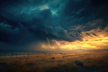 Obraz na płótnie Canvas A vivid artwork of an African savannah scene, where the tranquility of a sunset is contrasted with the powerful drama of an approaching thunderstorm. Resplendent.