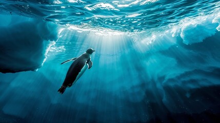 Penguin Gracefully Swimming Under Ice with Sunlight Piercing Through
 - obrazy, fototapety, plakaty