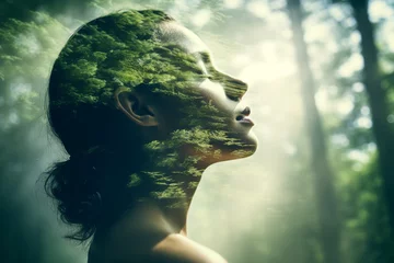 Selbstklebende Fototapete Graffiti-Collage Creative double exposure portrait of attractive woman with forest environment and conservation concept generative AI
