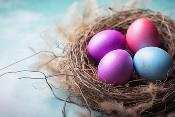 Fototapeta premium Generative AI picture bright graphics montage Easter holiday theme painted eggs bunny ears fresh tulips dinner decorations