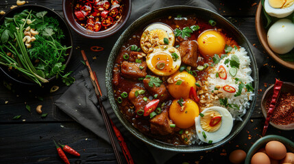 Aromatic Asian stew with boiled eggs, peanuts, and fresh herbs, served in a dark bowl.